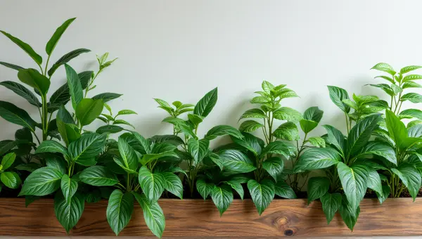 Lush Green Leafy Plants On Wooden Ledge