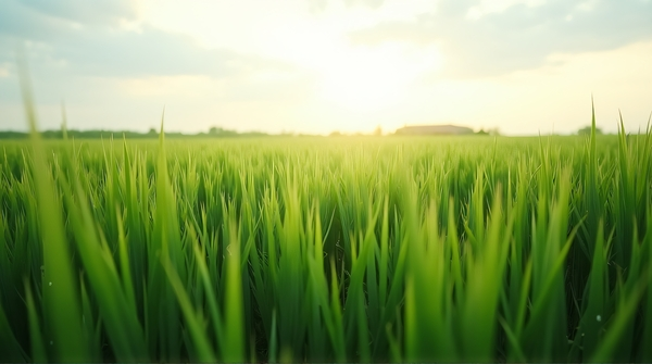 Low angle view of dense green meadow blades reaching toward a gentle sky, highlighting texture and depth.