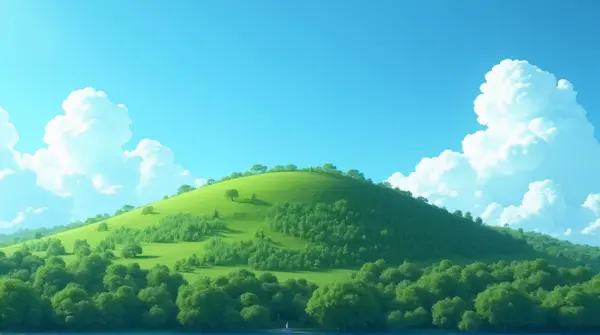 Low angle view of a lush hill filled with dense foliage under a clear blue sky with white clouds.