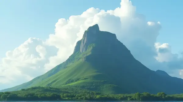 Low angle view of a lush hill beneath scattered soft white cumulus clouds in a peaceful sky