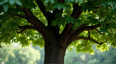 Lush Leaf Canopy Over Weathered Tree Trunk