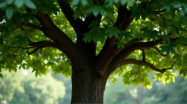 Lush Leaf Canopy Over Weathered Tree Trunk