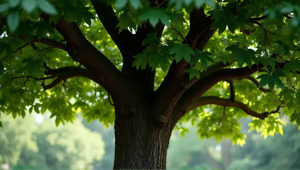 Lush Leaf Canopy Over Weathered Tree Trunk