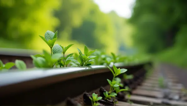Lush Leaves Near Matte Black Railway Track