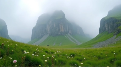 Lush Meadow with Misty Mountain Peak and Wildflowers