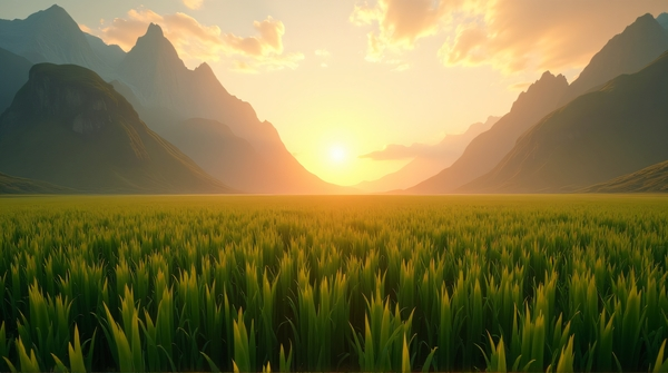 Low angle view of vibrant meadow under glowing amber sky near tall peaks