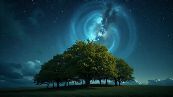 Dense group of leafy trees framed by a swirling cosmic sky with bright star clusters.