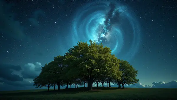 Lush Tree Cluster With Cosmic Sky Background