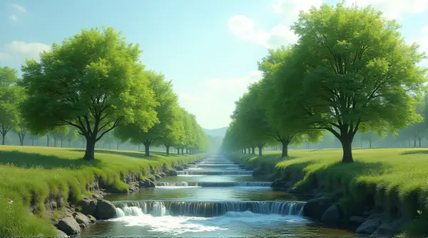 Lush Trees Around Flowing Streams Under Clear Sky