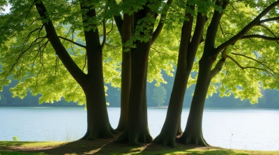 Lush Trees Near Peaceful Lake With Sunlight