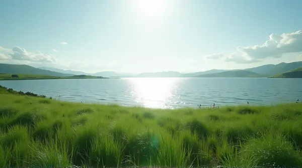 Lush plants beside a shimmering lake with sunlit ripples reflecting the sky