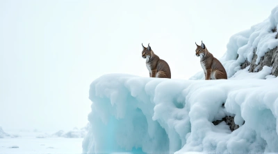 Lynx Pair Alert On Frosted Rocky Ledge