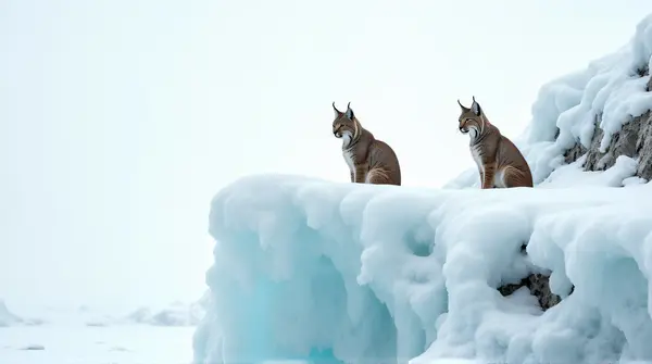 Lynx Pair Alert On Frosted Rocky Ledge
