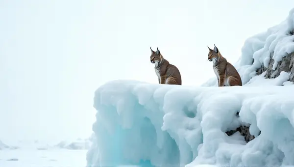 Lynx Pair Alert On Frosted Rocky Ledge