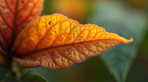 Detailed macro close-up showing intricate texture and contours of a colorful leaf in soft ambient light.