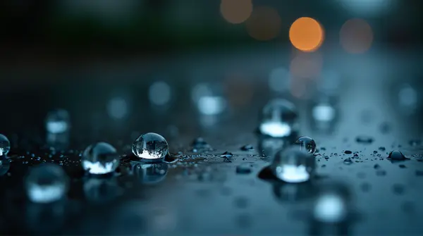Macro Raindrops On Dark Reflective Surface