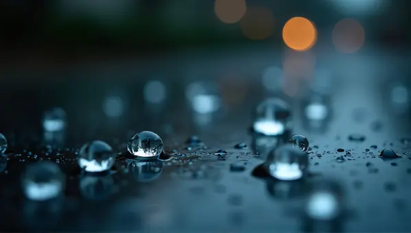 Macro Raindrops On Dark Reflective Surface