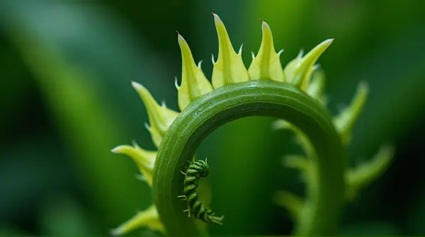 Detailed close-up of a fern frond showing ribbed patterns and curled tips with soft natural lighting