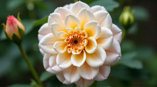 Close-up macro image of a single flower with layered pale pink and ivory petals around a yellow center