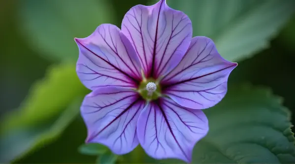 Close-up showing the detailed texture and delicate veins of a violet blossom against a blurred green background.