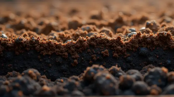 Detailed macro shot showing layered dark fertile soil with soft lighting highlighting natural stratification.
