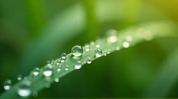 Close-up of tiny liquid beads scattered on a thin plant blade with a blurred background.