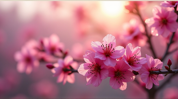 Close-up of vibrant magenta blossoms clustered on branches with dewdrops in soft morning light