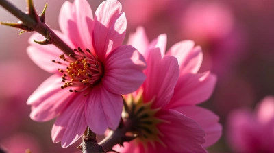 Magenta Blossoms On Thorny Stems Close-Up