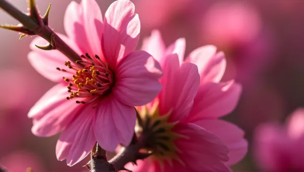 Magenta Blossoms On Thorny Stems Close-Up