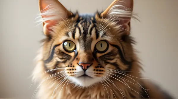 Close-up of a Maine Coon cat's face showing tufted ears and an expressive gaze against a soft background.