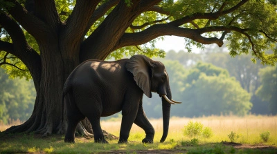 Majestic Elephant Beneath Leafy Canopy With Sunlight