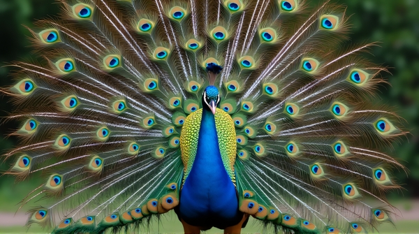 Male peacock with fully fanned tail featuring eye-like patterns against blurred background