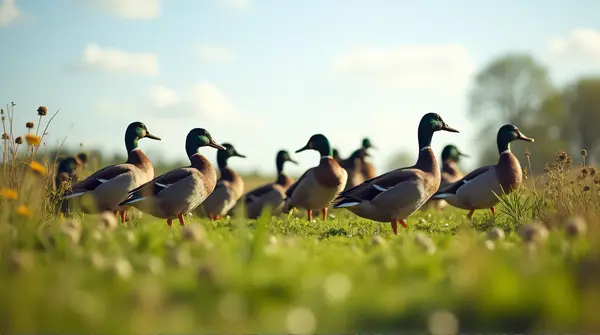 Group of mallard ducks on a lush meadow with wildflowers under a bright sky