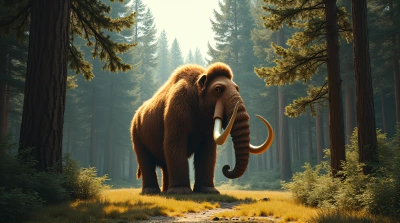 Mammoth With Shaggy Fur Among Tall Pines