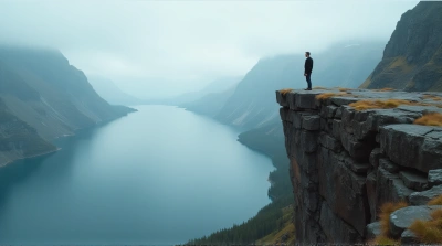 Man At Precipice With Vast Lake And Rugged Terrain