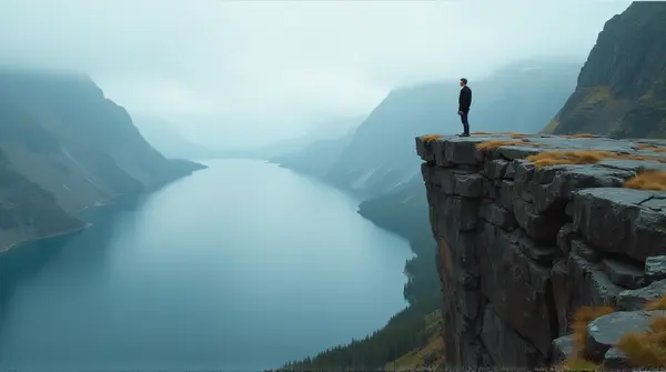 Man At Precipice With Vast Lake And Rugged Terrain