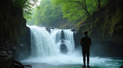 Man Beside Flowing Waterfall With Greenery