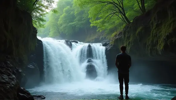 Man Beside Flowing Waterfall With Greenery