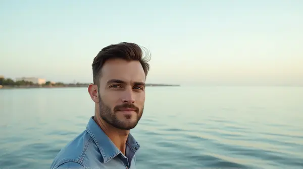 Portrait of a man standing next to a wide reflective water body with gentle ripples and a distant horizon under soft daylight.