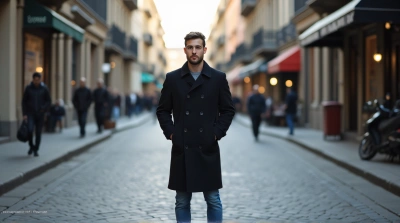 Man In Black Coat On Paved Street