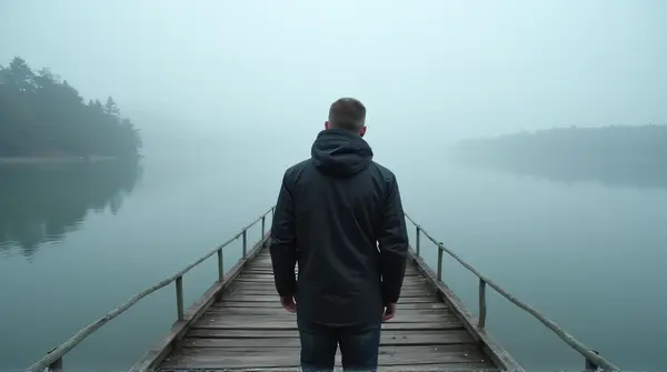 A man in a black jacket seen from behind standing on an old pier extending into a misty lake with low visibility