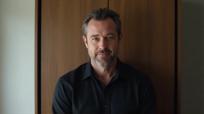 Man In Black Shirt With Modern Cabinet Contrast