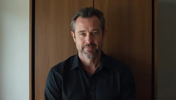 Man In Black Shirt With Modern Cabinet Contrast