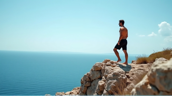 Man In Black Shorts On Coastal Cliff Edge