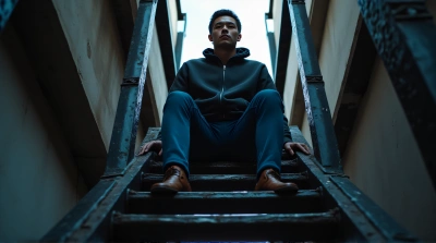 Man On Black Structural Framework With Blue Trousers