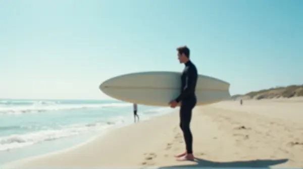 A man in a black wetsuit stands on sand holding a pale surfboard under clear blue sky with soft sunlight.