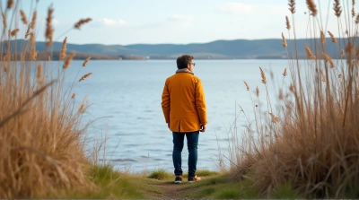 Man In Bright Coat Overlooking Wide Waterway And Hills