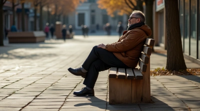 Man In Brown Jacket Relaxing In Urban Plaza