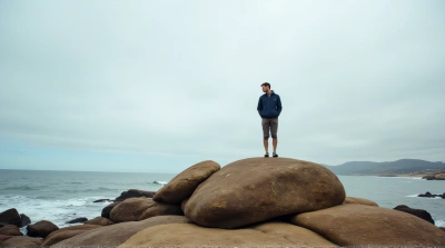 Man On Brown Rock Formation By Coastal Water