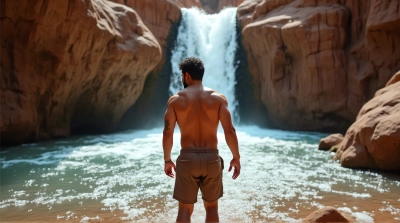 Man In Brown Shorts By Flowing Water Streams